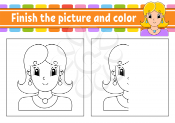 Finish the picture and color. Cartoon character isolated on white background. For kids education. Activity worksheet.