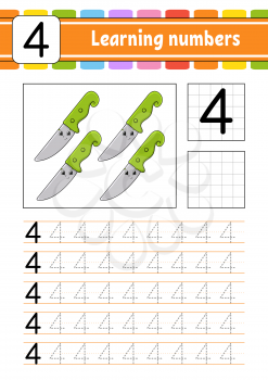 Number 4. Trace and write. Handwriting practice. Learning numbers for kids. Education developing worksheet. Activity page. Isolated vector illustration in cute cartoon style.