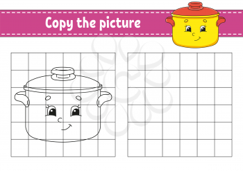 Copy the picture. Stewpan. Coloring book pages for kids. Education developing worksheet. Game for children. Handwriting practice. Catoon character.