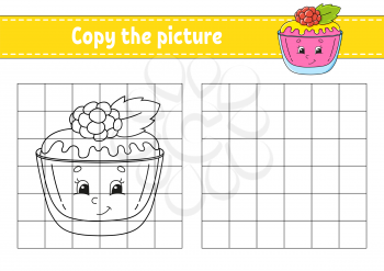 Copy the picture. Sweet cake. Coloring book pages for kids. Education developing worksheet. Game for children. Handwriting practice. Catoon character.