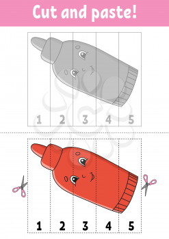 Learning numbers 1-5. Cut and glue. Cartoon character. Education developing worksheet. Game for kids. Activity page. Color isolated vector illustration.