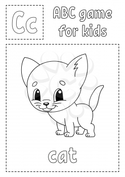 ABC game for kids. Alphabet coloring page. Cartoon character. Word and letter. Vector illustration.