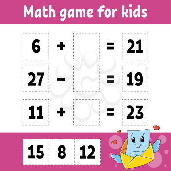 Math game for kids. Education developing worksheet. Activity page with pictures. Game for children. Valentine's Day. Color isolated vector illustration. Funny character. Cartoon style.