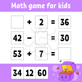 Math game for kids. Education developing worksheet. Activity page with pictures. Game for children. Valentine's Day. Color isolated vector illustration. Funny character. Cartoon style.