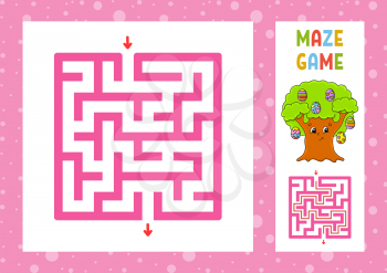 Square maze. Game for kids. Puzzle for children. Happy character. Labyrinth conundrum. Color vector illustration. Find the right path. With answer. Isolated vector illustration. Cartoon style.