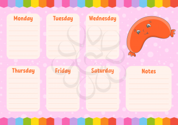 School schedule. Timetable for schoolboys. Empty template. Weekly planer with notes. Isolated color vector illustration. Cartoon character.