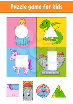 Puzzle game for kids. Cut and paste. Cutting practice. Learning shapes. Education worksheet. Circle, square, rectangle, triangle. Activity page.Cartoon character.