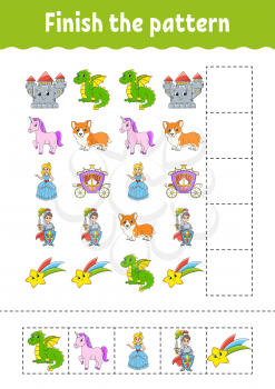 Finish the pattern. Cut and play. Education developing worksheet. Activity page.Cartoon character.