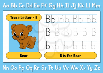Trace letters. Writing practice. Tracing worksheet for kids. Learn alphabet. Cute character. Vector illustration. Cartoon style.