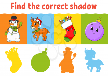 Find the correct shadow. Education worksheet. Matching game for kids. Color activity page. Puzzle for children. Cartoon character. Isolated vector illustration.