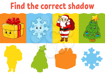 Find the correct shadow. Education worksheet. Matching game for kids. Color activity page. Puzzle for children. Cartoon character. Isolated vector illustration.