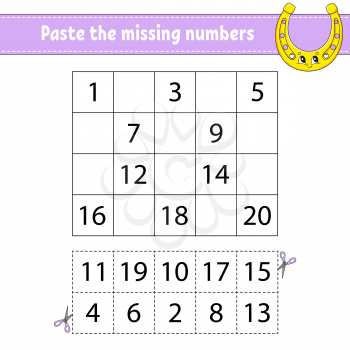 Paste the missing numbers 1-20. Game for children. Handwriting practice. Learning numbers for kids. Education developing worksheet. Activity page. Isolated vector illustration in cute cartoon style.