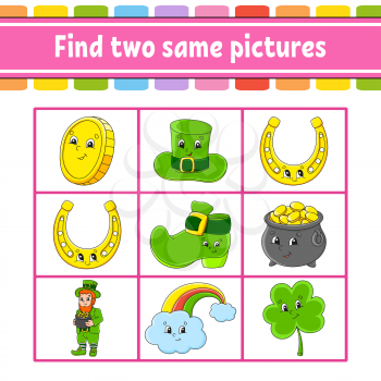 Find two same pictures. Task for kids. St. Patrick's day. Education developing worksheet. Activity page. Color game for children. Funny character. Isolated vector illustration. Cartoon style.