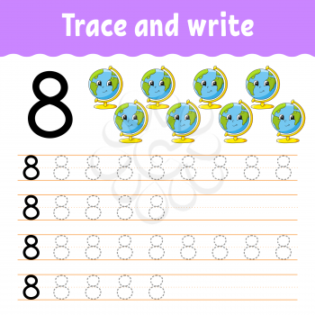 Learn Numbers. Trace and write. Back to school. Handwriting practice. Learning numbers for kids. Education developing worksheet. Isolated vector illustration in cute cartoon style.