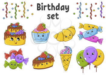 Set of stickers with cute cartoon characters. Happy birthday theme. Hand drawn. Colorful pack. Vector illustration. Patch badges collection. Label design elements. For daily planner, diary, organizer.