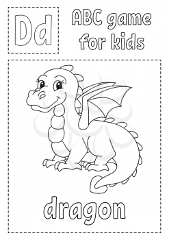 Letter D is for dragon. ABC game for kids. Alphabet coloring page. Cartoon character. Word and letter. Vector illustration.