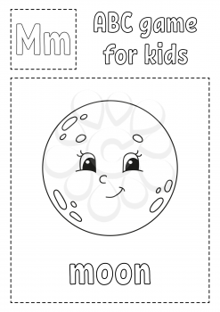 Letter M is for moon. ABC game for kids. Alphabet coloring page. Cartoon character. Word and letter. Vector illustration.