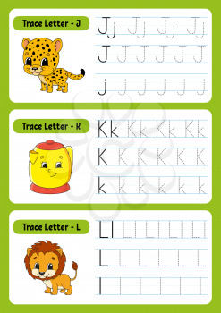 Writing letters. Tracing page. Practice sheet. Worksheet for kids. exercise for preschools. Learn alphabet. Cute characters. Vector illustration. Cartoon style.