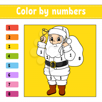 Color by numbers. Christmas theme. Activity worksheet. Game for children. Cartoon character. Vector illustration.