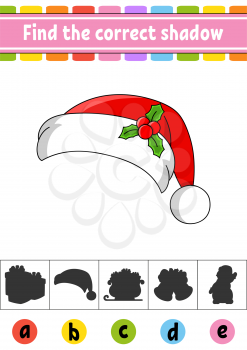 Find the correct shadow. Education developing worksheet. Christmas theme. Activity page. Color game for children. Isolated vector illustration. Cartoon character.