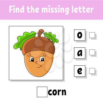 Find the missing letter. Education developing worksheet for kids. Activity page. Cartoon character. Autumn theme.