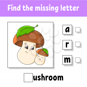 Find the missing letter. Education developing worksheet for kids. Activity page. Cartoon character. Autumn theme.