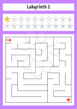 Square maze. Game for kids. Puzzle for children. Labyrinth conundrum. Color vector illustration. Find the right path. The development of logical and spatial thinking.