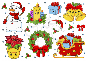 Set of stickers with cute cartoon characters. Christmas theme. Hand drawn. Colorful pack. Vector illustration. Patch badges collection. Label design elements. For daily planner, diary, organizer.