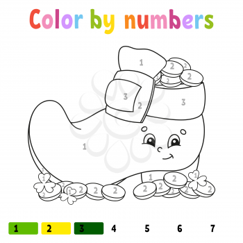 Color by numbers. Coloring book for kids. Vector illustration. Cartoon character. Hand drawn. Worksheet page for children. Isolated on white background. St. Patrick's day.