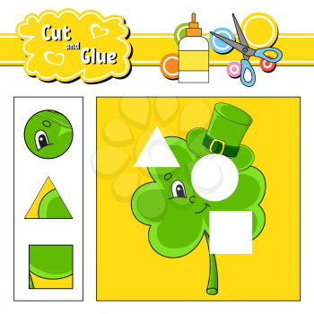 Cut and glue. Game for kids. Education developing worksheet. Cartoon character. Color activity page. Hand drawn. Isolated vector illustration. St. Patrick's day.