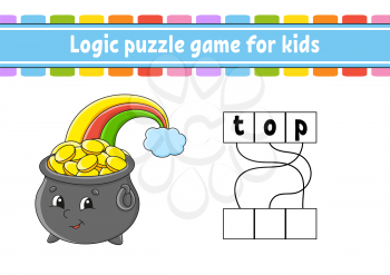 Logic puzzle game. Learning words for kids. Find the hidden name. Worksheet, Activity page. English game. Isolated vector illustration. Cartoon character. St. Patrick's day.