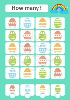 Counting game for preschool children. The study of mathematics. How many items in the picture. Colored Easter eggs. With a place for answers. Simple flat isolated vector illustration