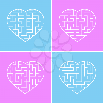 Labyrinth heart. A set of four options. Simple flat vector illustration isolated on a pink and blue background