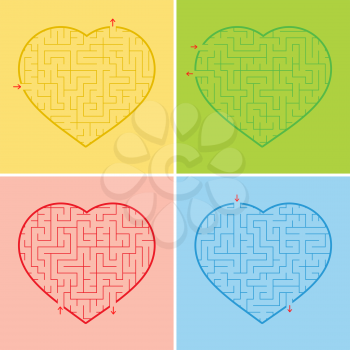 Labyrinth heart. A set of four options. A simple flat vector illustration isolated on a red background. An interesting game for children and teenagers