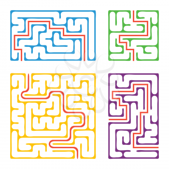 A set of colored square and rectangular labyrinths with entrance and exit. Simple flat vector illustration isolated on white background. With the answer