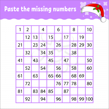 Paste the missing numbers from 1 to 100. Handwriting practice. Learning numbers for kids. Education developing worksheet. Activity page. Game for children. Isolated vector illustration.