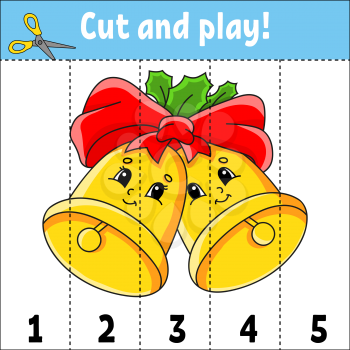 Learning numbers 1-5. Cut and play. Christmas bells. Education worksheet. Game for kids. Color activity page. Puzzle for children. Riddle for preschool. Vector illustration. Cartoon style.