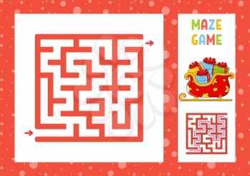 Square maze. Game for kids. Puzzle for children. Christmas theme. Happy character. Labyrinth conundrum. Color vector illustration. Find the right path. With answer. Isolated vector illustration.