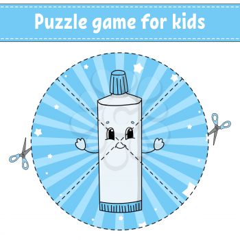 Cut and play. Round puzzle. Tube of toothpaste. Logic puzzle for kids. Activity page. Cutting practice for preschool. Cartoon character.