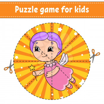 Cut and play. Round puzzle. Elderly fairy. Logic puzzle for kids. Activity page. Cutting practice for preschool. Cartoon character.