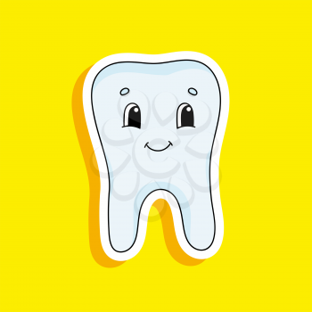 A healthy tooth without caries is smiling. Bright color sticker. Cartoon character. Vector illustration. Design element. With white contour.