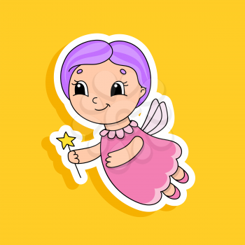 Fairy godmother flies and holds a magic wand. Bright color sticker. Cartoon character. Vector illustration. Design element. With white contour.