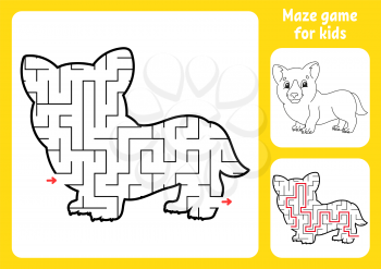 Abstract maze. Adorable Corgi. Game for kids. Puzzle for children. Labyrinth conundrum. Find the right path. Education worksheet. With answer.