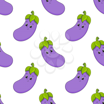 Colored cartoon seamless pattern. Vegetable eggplant. Cartoon style. Hand drawn. Vector illustration isolated on white background.