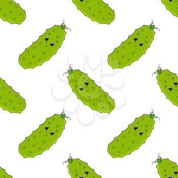 Colored cartoon seamless pattern. Vegetable cucumber. Cartoon style. Hand drawn. Vector illustration isolated on white background.