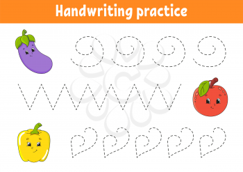 Handwriting pactice. Education developing worksheet. Activity page. Fruits and vegetables. Color game for children. Isolated vector illustration. Cartoon character.