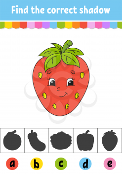 Find the correct shadow. Berry strawberry. Education developing worksheet. Activity page. Color game for children. Isolated vector illustration. Cartoon character.