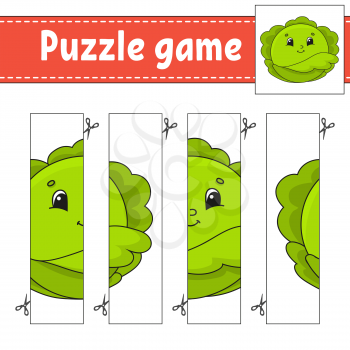 Puzzle game for kids. Vegetable cabbage. Cutting practice. Education developing worksheet. Activity page.Cartoon character.