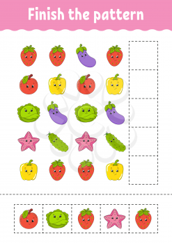 Finish the pattern. Cut and play. Fruits and vegetables. Education developing worksheet. Activity page.Cartoon character.