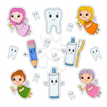 Set of stickers with cute cartoon characters. Dental clipart. Hand drawn. Colorful pack. Vector illustration. Patch badges collection. Label design elements. For daily planner, organizer, diary.